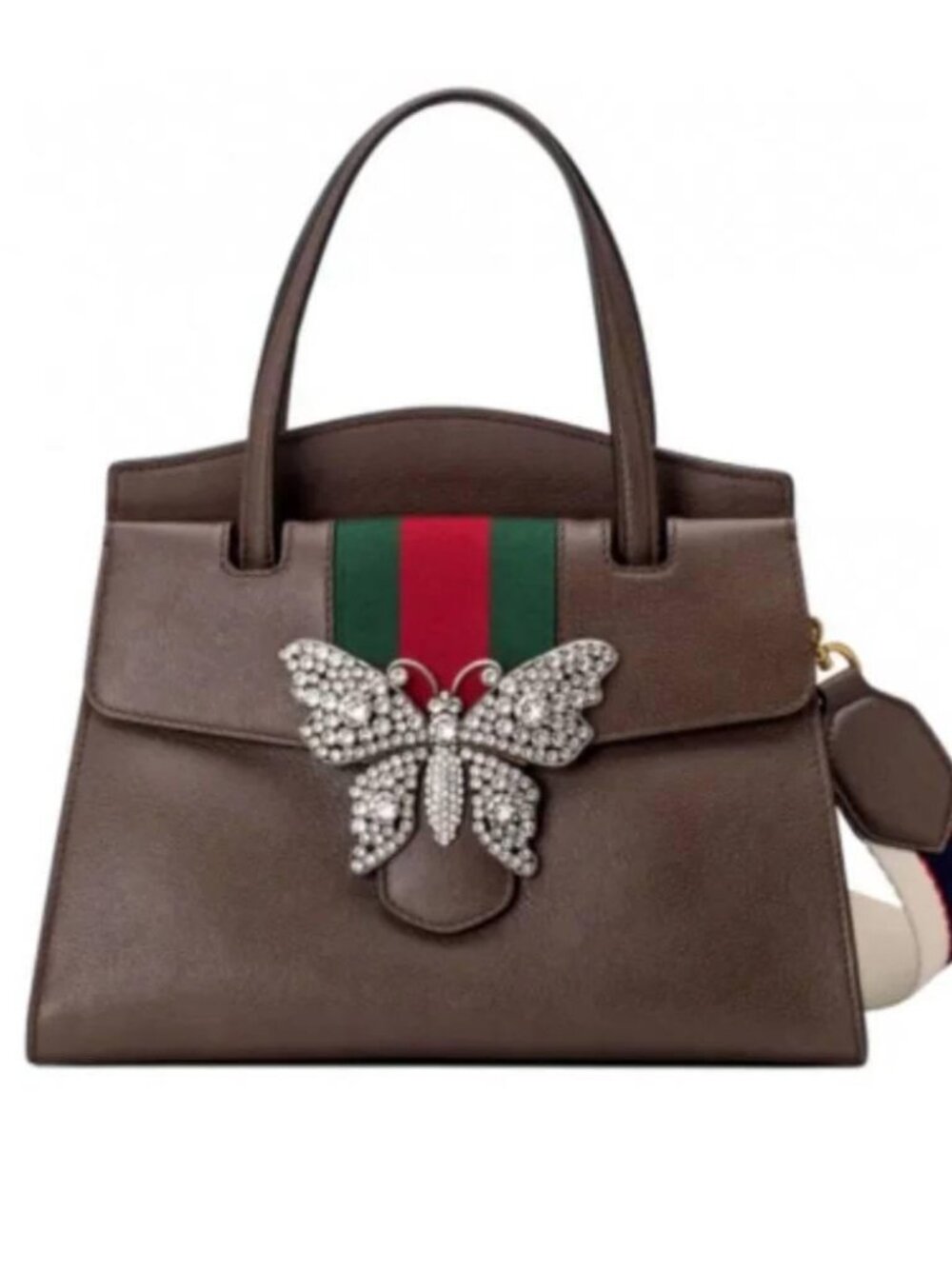 Gucci Loved Crystal Butterfly Web Shoulder Bag Brown Calfskin Leather w/ Strap